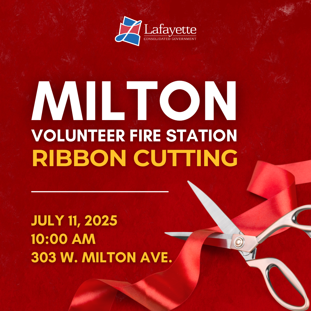 Invitation Graphic featuring event title and details. Milton Volunteer Fire Station Ribbon Cutting. July 11, 2025 at 10:00am. 303 W. Milton Avenue.